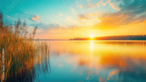 Wallpaper Mural sunset at coast of the lake. Nature landscape. Nature in northern Europe. reflection, blue sky and yellow sunlight. landscape during sunset , ai Torontodigital.ca