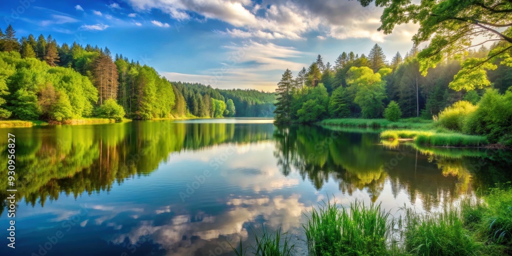 Serene landscape featuring a tranquil lake surrounded by lush forest, nature, scenic, serene, reflection, water, trees Serene landscape featuring a tranquil lake surrounded by lush forest, nature, scenic, serene, reflection, water, trees