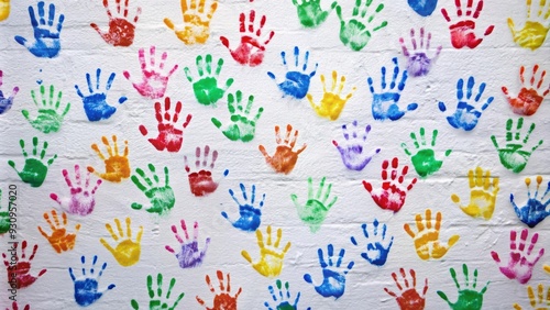 Colorful handprints of different sizes and shapes on a white wall , vibrant, diverse, playful, artistic, fun