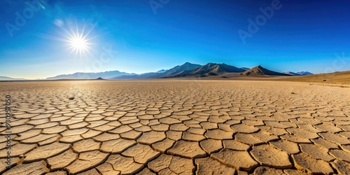 Barren desert landscape with cracked dry land and scattered rocks under a clear blue sky, arid, drought, cracked, barren