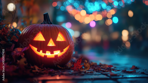 jack o lantern halloween holiday orange pumpkin on the street in the dark background bokeh lights orange blue night decoration leaves on the ground pink