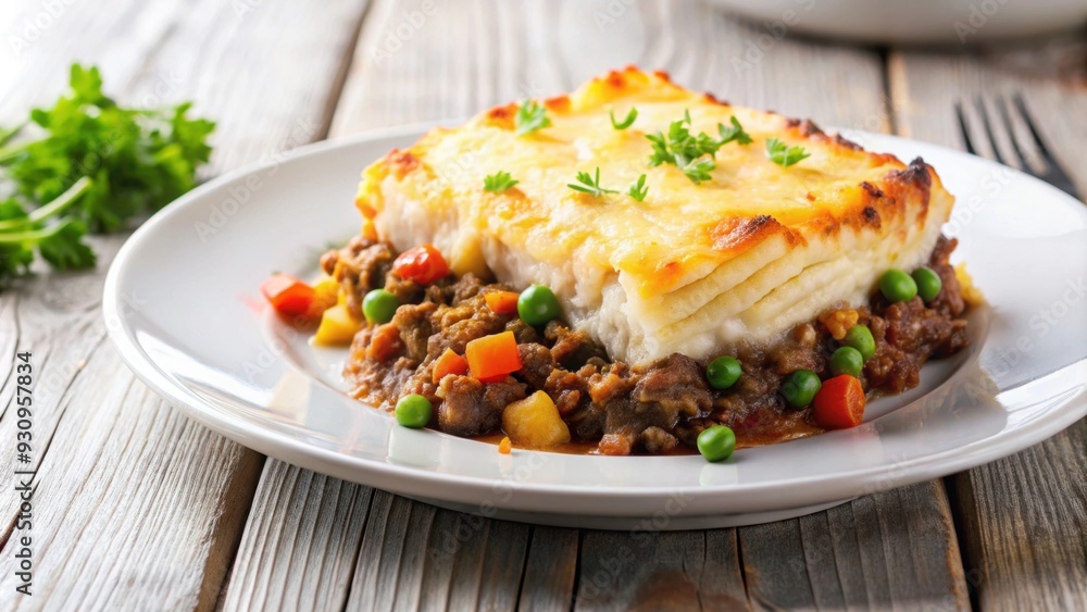 Delicious shepherd pie served on a white plate, shepherd pie, savory, comfort food, baked, mashed potatoes, ground meat Delicious shepherd pie served on a white plate, shepherd pie, savory, comfort food, baked, mashed potatoes, ground meat
