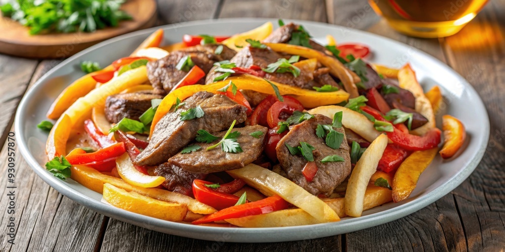 Peruvian stir-fry dish Lomo Saltado on a white plate, Peruvian, stir-fry, Lomo Saltado, dish, food, cuisine, meat Peruvian stir-fry dish Lomo Saltado on a white plate, Peruvian, stir-fry, Lomo Saltado, dish, food, cuisine, meat