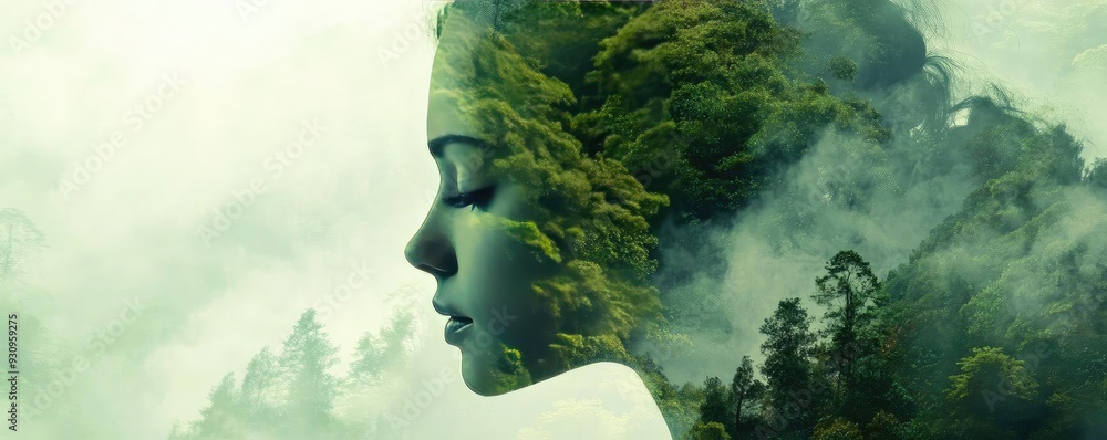 A serene double exposure of a woman's profile blended with lush nature, symbolizing harmony between humanity and the environment. A serene double exposure of a woman's profile blended with lush nature, symbolizing harmony between humanity and the environment.