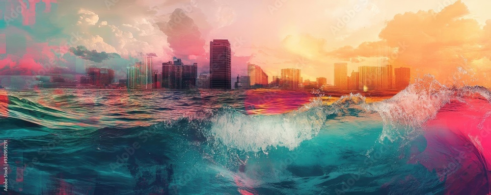 Fototapeta premium Vibrant sunset over city skyline reflected in ocean waves, capturing the essence of urban life and natural beauty.