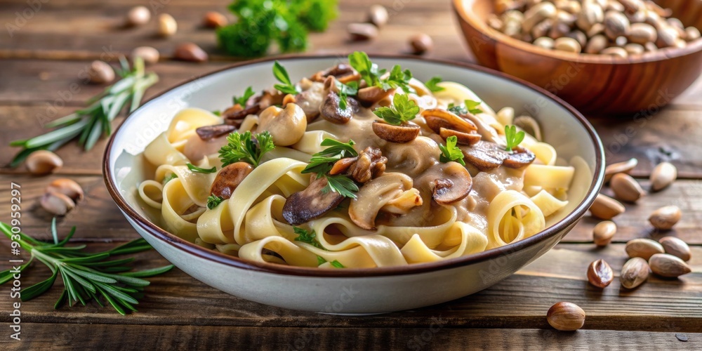 Gourmet pasta dish with saut?ed mushrooms, pine nuts, and fresh herbs in a creamy sauce , Italian cuisine Gourmet pasta dish with saut?ed mushrooms, pine nuts, and fresh herbs in a creamy sauce , Italian cuisine