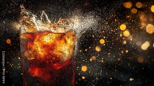 A refreshing drink with ice and bubbles, splashing in a glass against a sparkling background photo