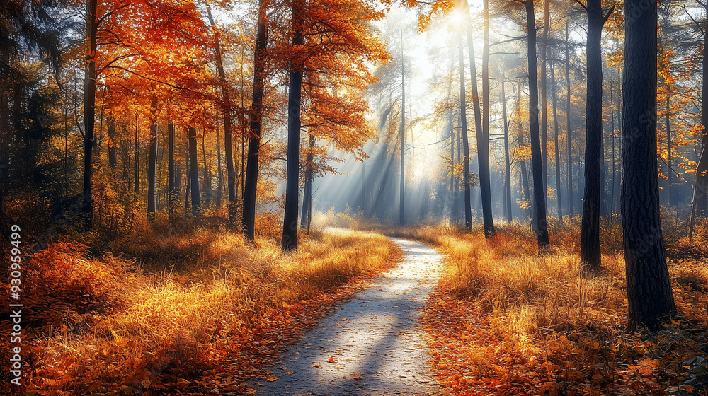 Obraz premium Sunlit autumn forest path with vibrant orange and yellow foliage