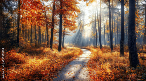 Sunlit autumn forest path with vibrant orange and yellow foliage