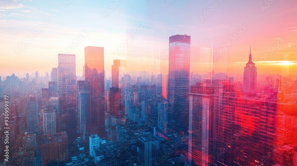Obraz premium Stunning urban skyline at sunset with vibrant colors reflecting off skyscrapers. A perfect view of city life and architecture.