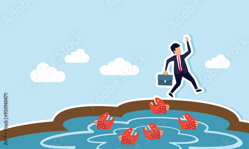 Avoiding work related issues that hinder productivity concept of A businessman jumping over a lake filled with fierce fish, avoiding obstacles to his work