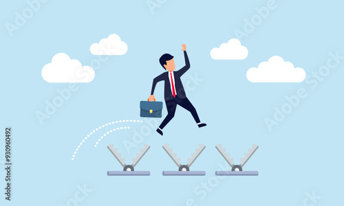 Avoiding work related issues that hinder productivity concept of A businessman jumping over traps that could endanger his career