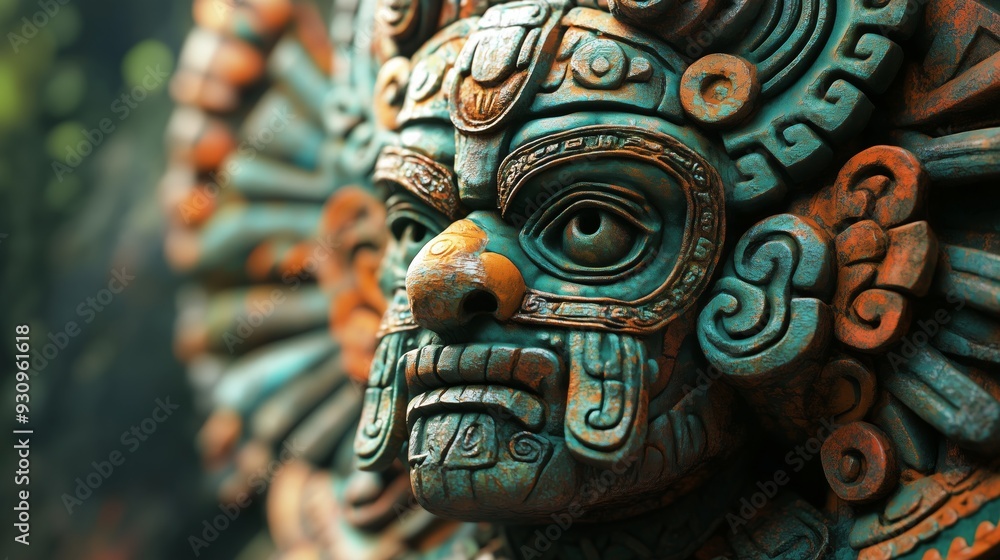 A close-up of a Mayan sculpture depicting a guardian figure with intricate carvings. Anunnaki sculpture, with large, almond-shaped eyes and ornate headdress, exuding mystery. A close-up of a Mayan sculpture depicting a guardian figure with intricate carvings. Anunnaki sculpture, with large, almond-shaped eyes and ornate headdress, exuding mystery.