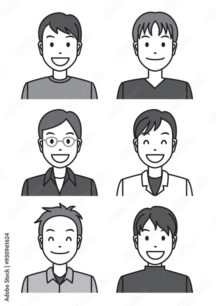 笑顔の若い男性の上半身6点セット-グレー