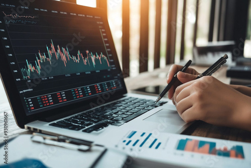 Finance trade manager analyzing stock market indicators for best investment strategy financial data