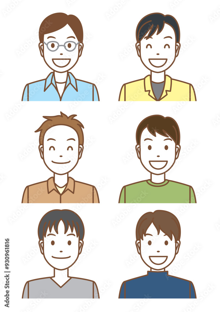 笑顔の若い男性の上半身6点セット-カラー 笑顔の若い男性の上半身6点セット-カラー