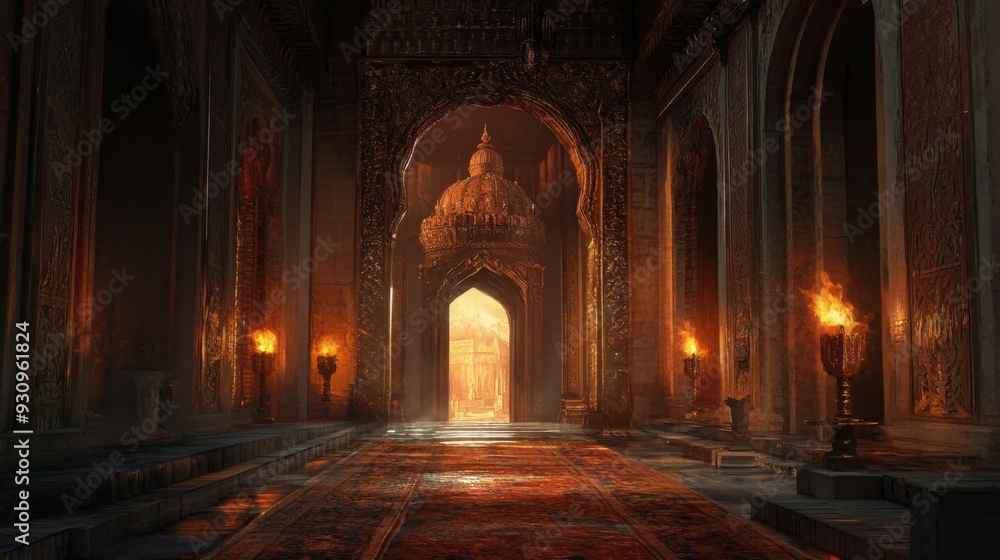 A long hallway in an ornate palace, lit by torches, leads to a grand entrance with a golden dome and a bright light emanating from beyond. A long hallway in an ornate palace, lit by torches, leads to a grand entrance with a golden dome and a bright light emanating from beyond.