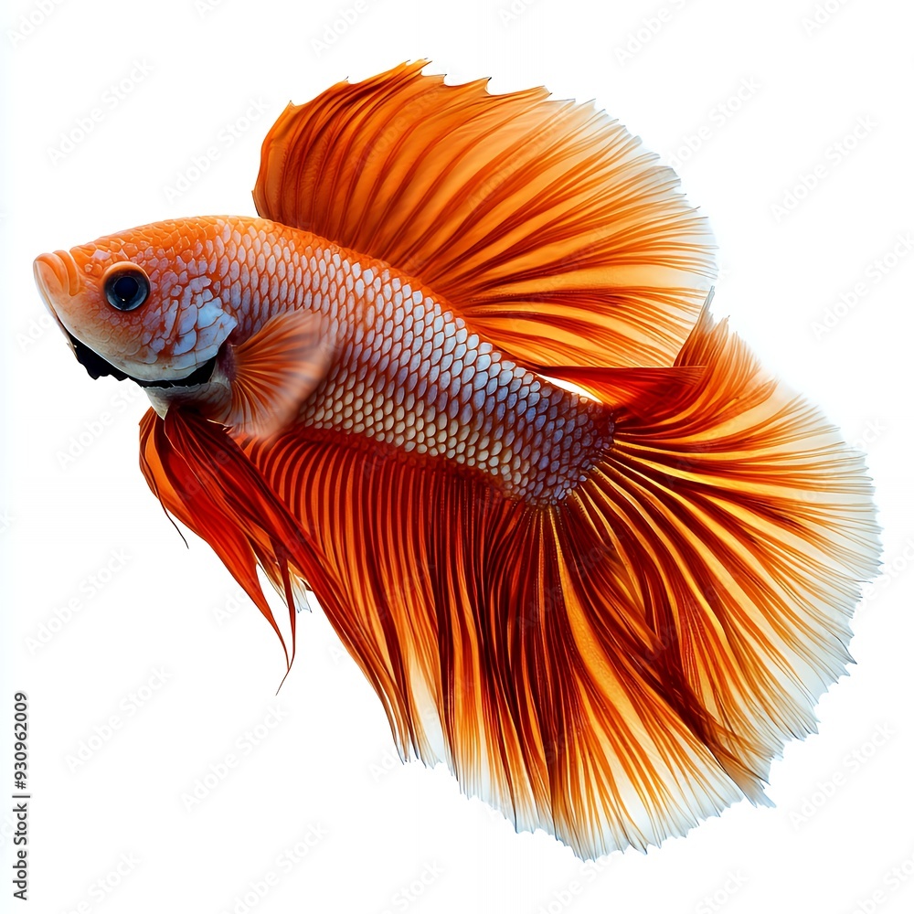 Fototapeta premium Vibrant orange Siamese fighting fish swimming gracefully, isolated on a clean white background.