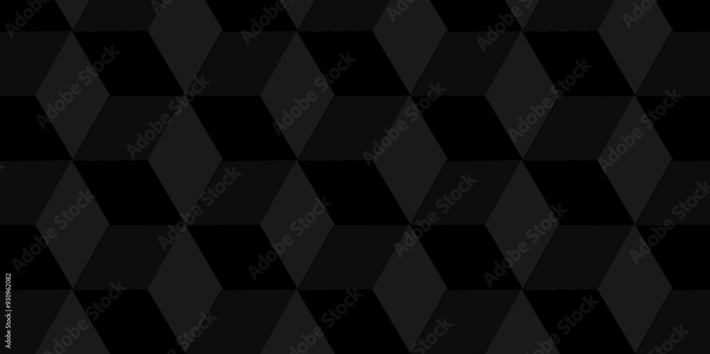 Obraz premium Minimal vector cubes geometric tile and mosaic wall grid backdrop digital hexagon technology wallpaper background. dark black block cube structure backdrop grid triangle texture vintage design.