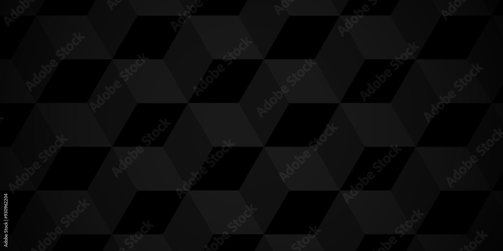 Obraz premium Minimal vector cubes geometric tile and mosaic wall grid backdrop digital hexagon technology wallpaper background. dark black block cube structure backdrop grid triangle texture vintage design.