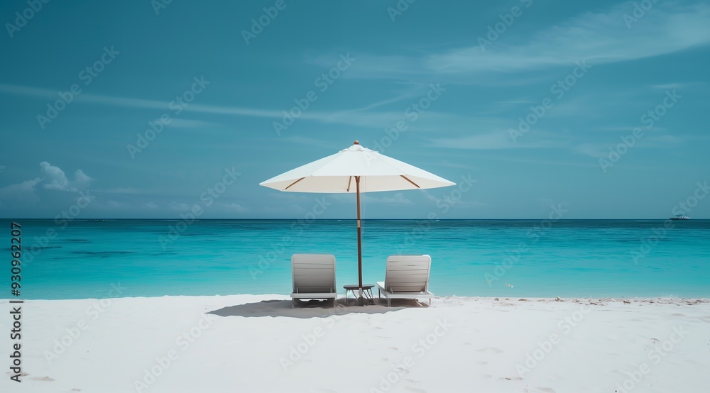 Fototapeta premium Two empty lounge chairs under a white sun umbrella on a white sand beach facing the turquoise ocean.