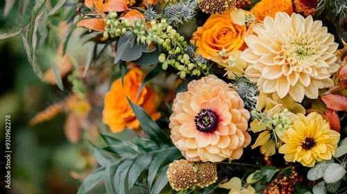 Close-up of fall flower arrangement with orange and beige colors #930962278