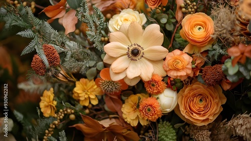 Close-up of fall flower arrangement in orange and beige colors
