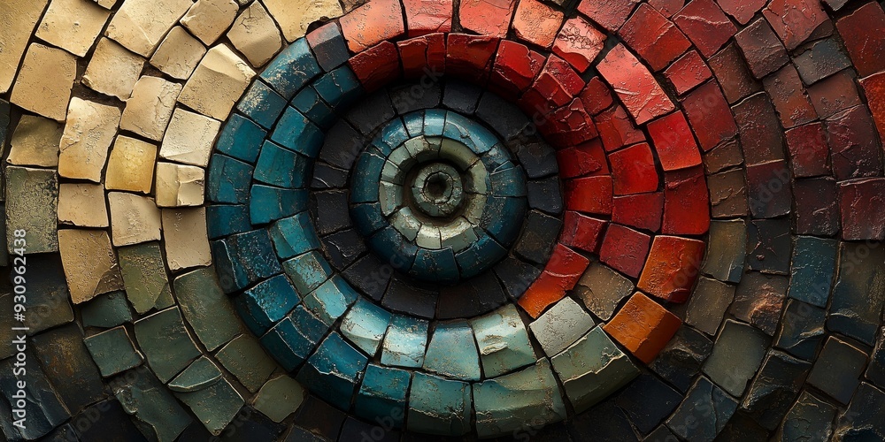 Naklejka premium Antique Sepia Vortex: Intricate Mosaic Tiles in Vibrant Colors, generative ai