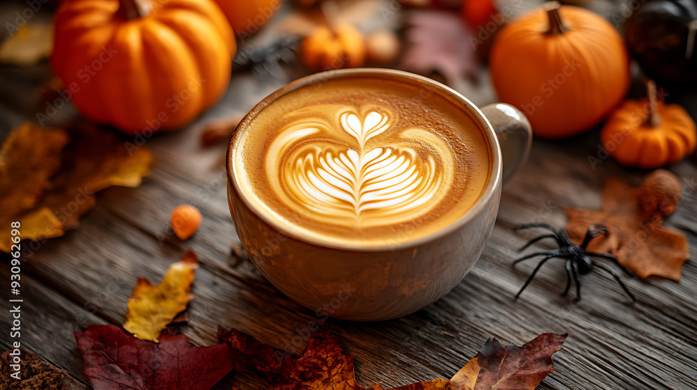 Fototapeta premium A steaming cup of coffee with a pumpkin design in the foam, surrounded by Halloween decorations such as small pumpkins, spider webs, and autumn leaves on a wooden table