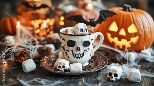 A table set with a cup of hot chocolate, marshmallows shaped like skulls, and Halloween decorations such as bats, cobwebs, and a jack-o-lantern  photo