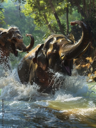 Two elephants are playfully splashing water as they move through a river, embraced by vibrant foliage and sunlight. Generative AI