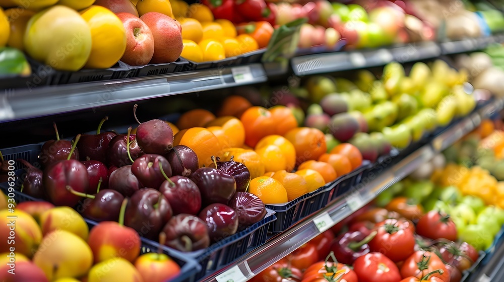 Fruits and vegetables on shop stand in supermarket