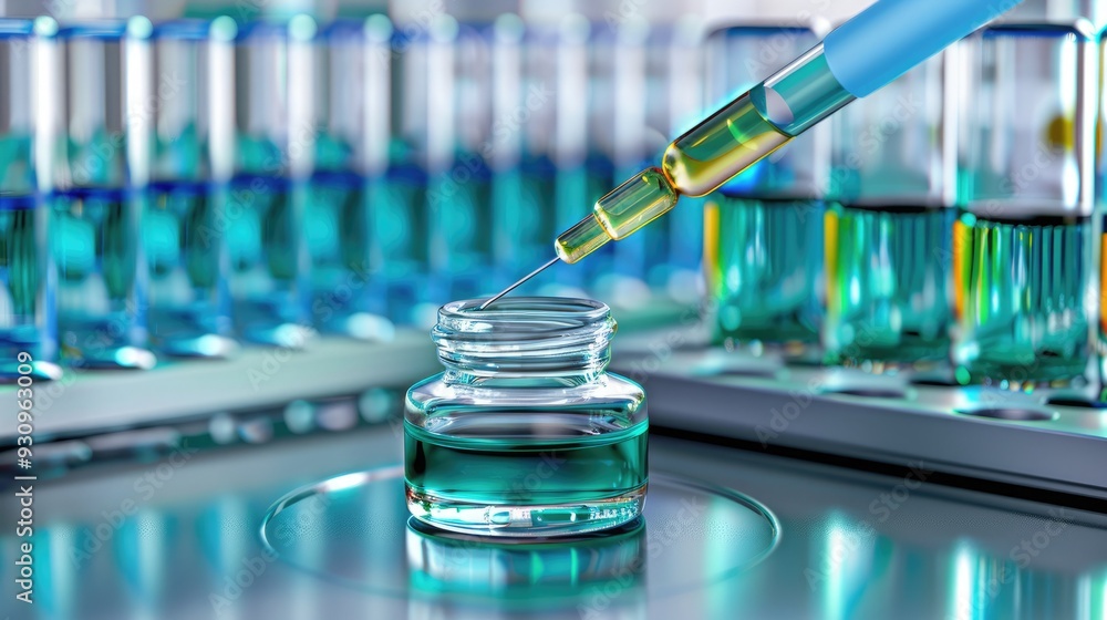 Close-up of a pipette delivering liquid into a glass vial amidst laboratory glassware, highlighting precision in scientific research. Close-up of a pipette delivering liquid into a glass vial amidst laboratory glassware, highlighting precision in scientific research.