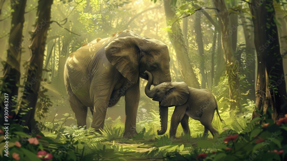 Fototapeta premium A mother elephant affectionately interacts with her calf in a vibrant, sunlit forest filled with abundant greenery and colorful flowers. Generative AI