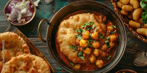 Top view of delicious Chole Bhature a classic North Indian culinary delight featuring a delectable combination of chana masala and fluffy bhatura or puri photo