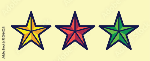Three-star cartoon illustration with a red star, yellow star, and green star