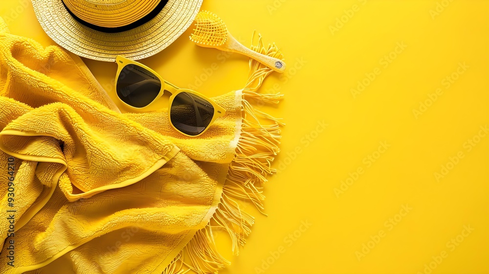 Fototapeta premium Summer beach vibes with yellow towel, sunglasses, and hat