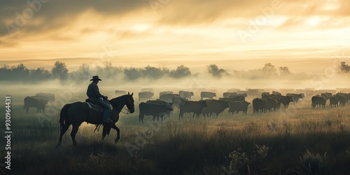 An experienced cowboy rides his trusty horse, skillfully guiding a herd of cattle across a vast pasture at dawn, capturing the essence of ranch life and the stunning beauty of nature