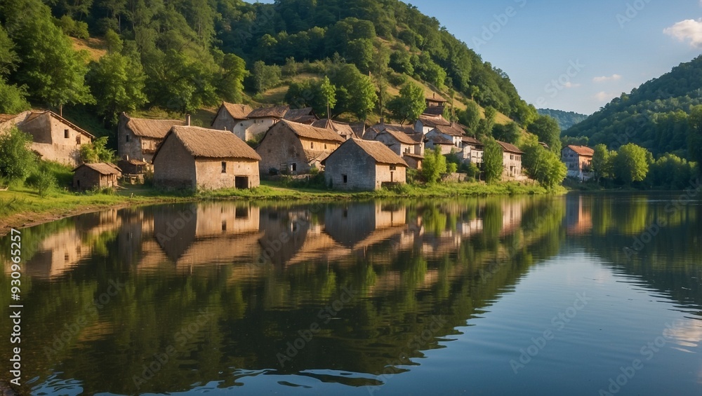 village in the mountains and reflection of shadow in water, scenic view in spring village in the mountains and reflection of shadow in water, scenic view in spring