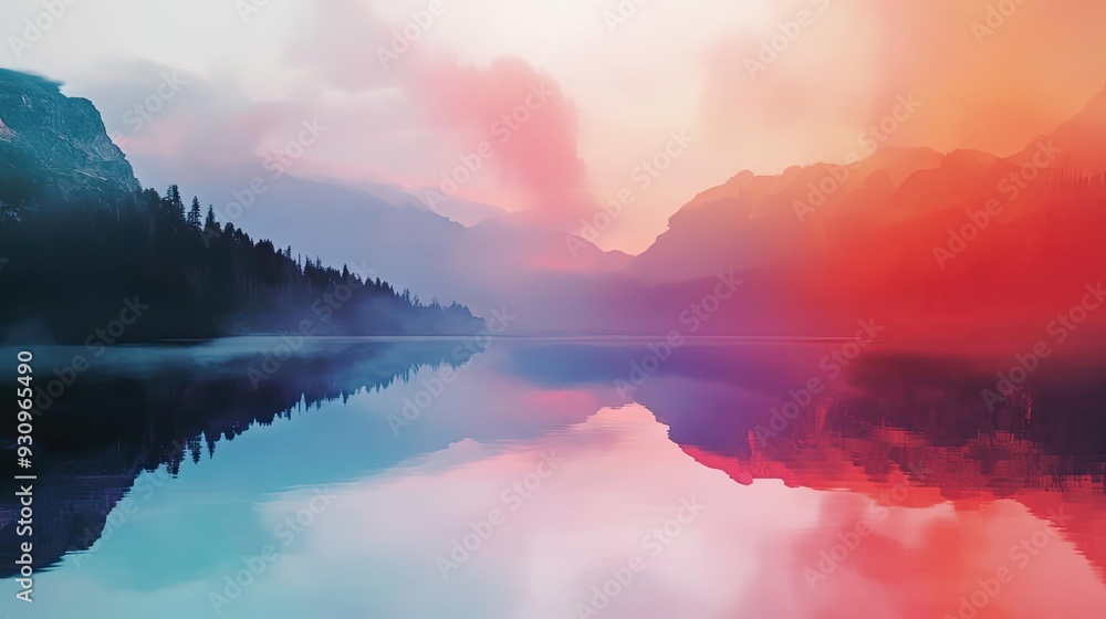 A serene landscape featuring a colorful sky reflecting on a tranquil lake, surrounded by mountains and lush trees. A serene landscape featuring a colorful sky reflecting on a tranquil lake, surrounded by mountains and lush trees.