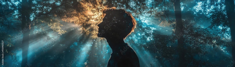 Fototapeta premium Silhouette of person surrounded by enchanting forest light rays, creating a serene and mystical atmosphere.