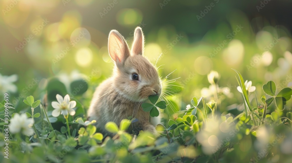 Fototapeta premium Small European rabbit nibbling clover on sunny day