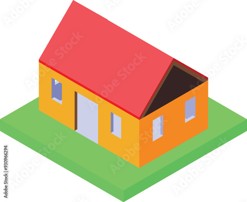 Isometric icon representing a construction company building a family house