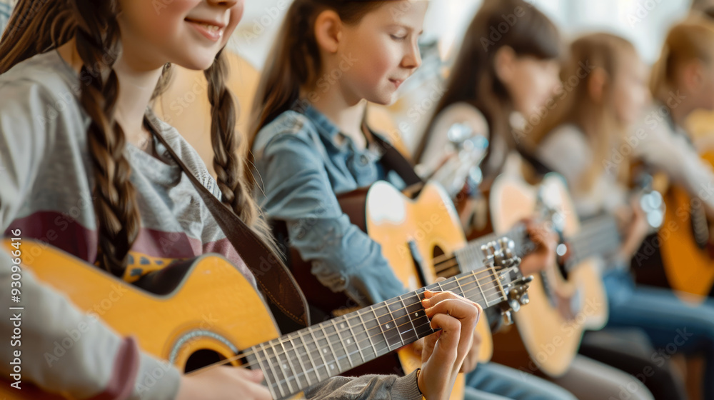 Fototapeta premium Harmonious Harmony: Young girls learn guitar in a vibrant music class, their fingers dancing on the strings as they practice chords. The image captures the joy and passion of music education, inspirin