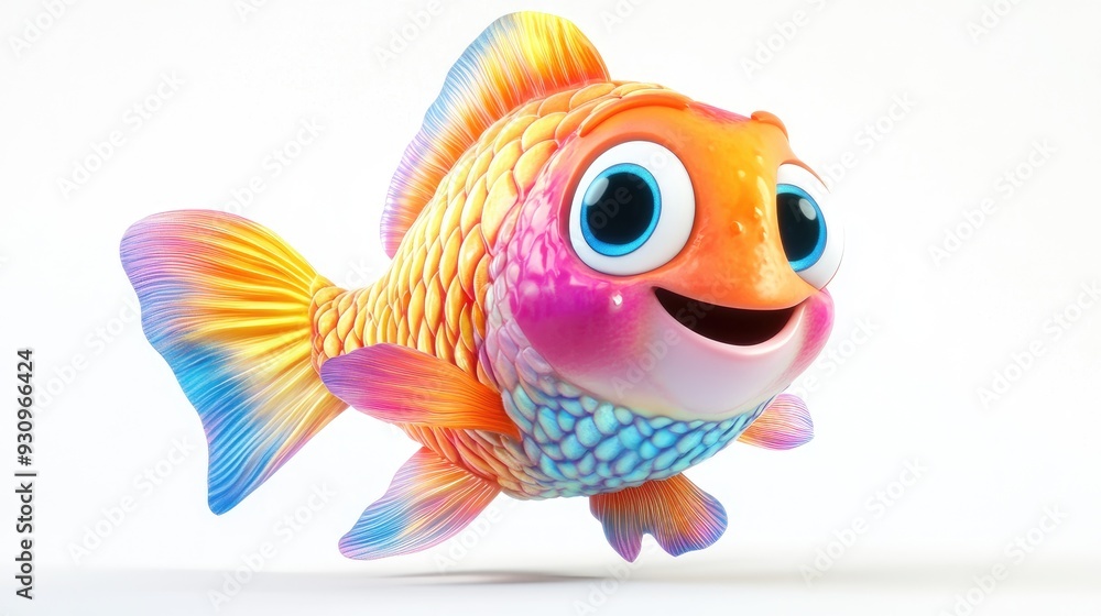 Cute cartoon fish with a happy expression and colorful scales, swimming on a white background, 3D animation style Cute cartoon fish with a happy expression and colorful scales, swimming on a white background, 3D animation style