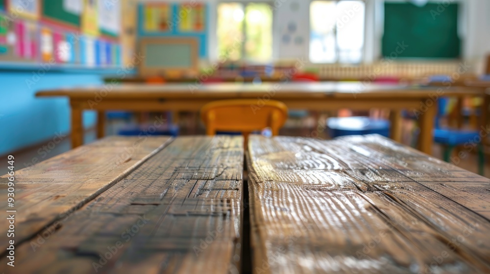 Rustic wooden table displayed products in a blurred classroom setting Rustic wooden table displayed products in a blurred classroom setting