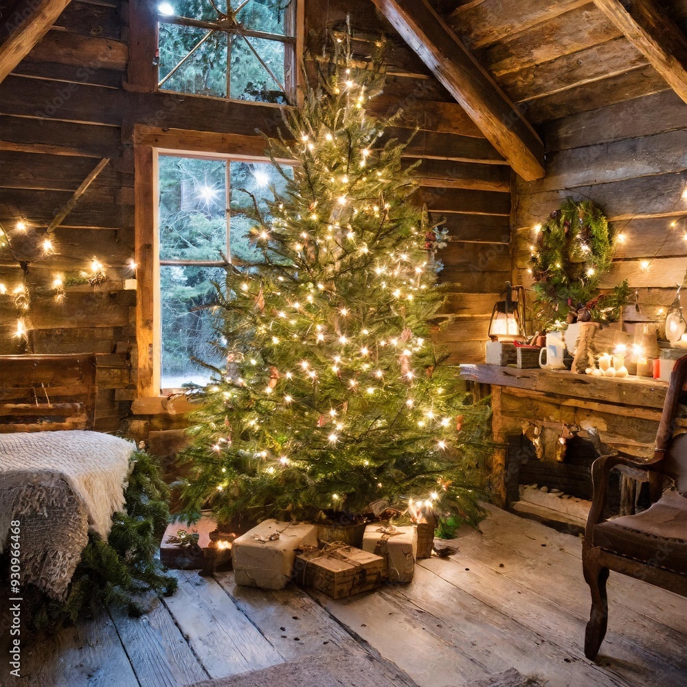 Fototapeta premium Christmas tree in cozy cabin