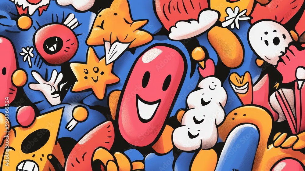 Vibrant and playful abstract illustration featuring a mix of cartoon characters and whimsical shapes with a bold color palette. Vibrant and playful abstract illustration featuring a mix of cartoon characters and whimsical shapes with a bold color palette.