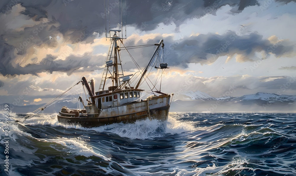 Fototapeta premium Return of the fishing seiner after the catch. 
