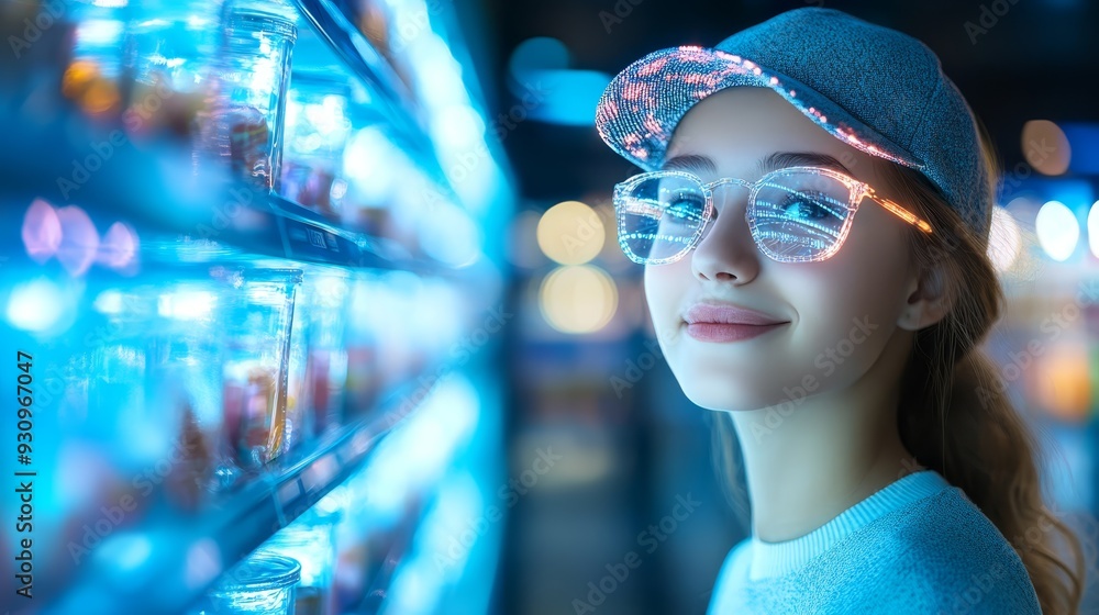 Young woman in neon glasses at night Young woman in neon glasses at night